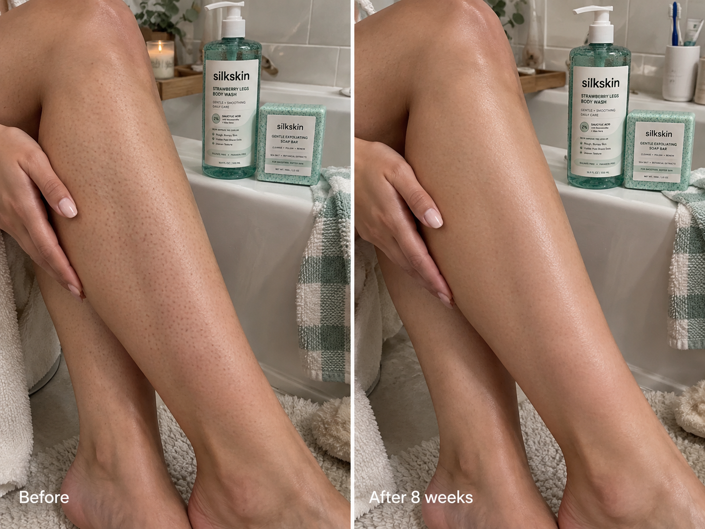 Leg before and after 8 weeks of the Silkskin routine