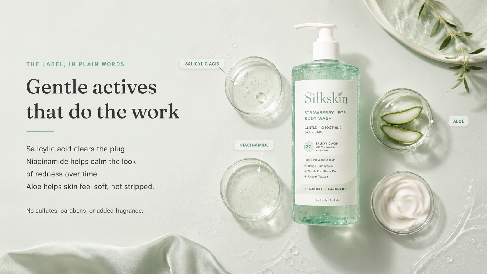 Gentle actives that do the work: 2% salicylic acid, niacinamide, and aloe